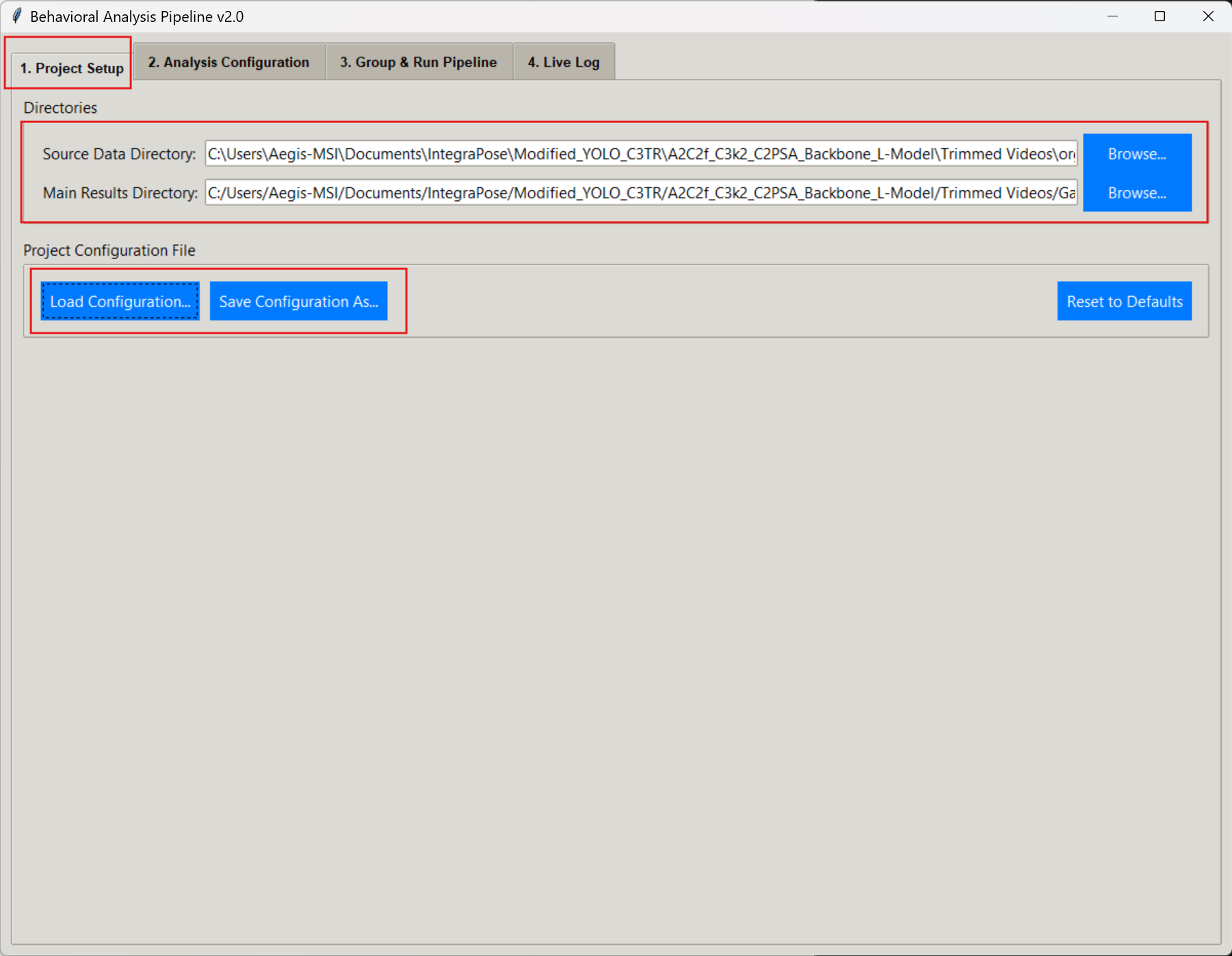 Screenshot of Tab 1 in the GUI showing project setup and directory configuration.