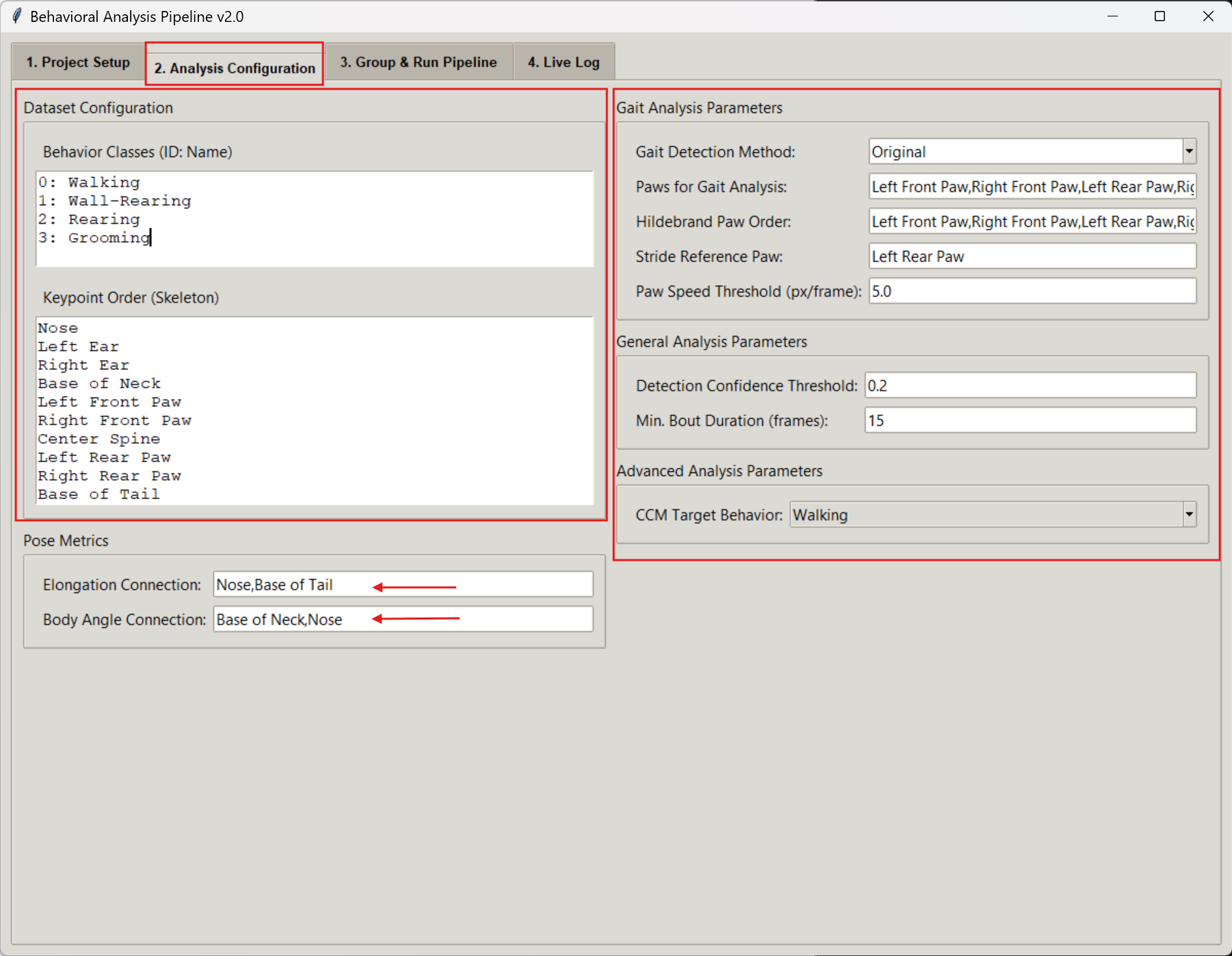 Screenshot of Tab 2 in the GUI highlighting the Gait Analysis Parameters section.