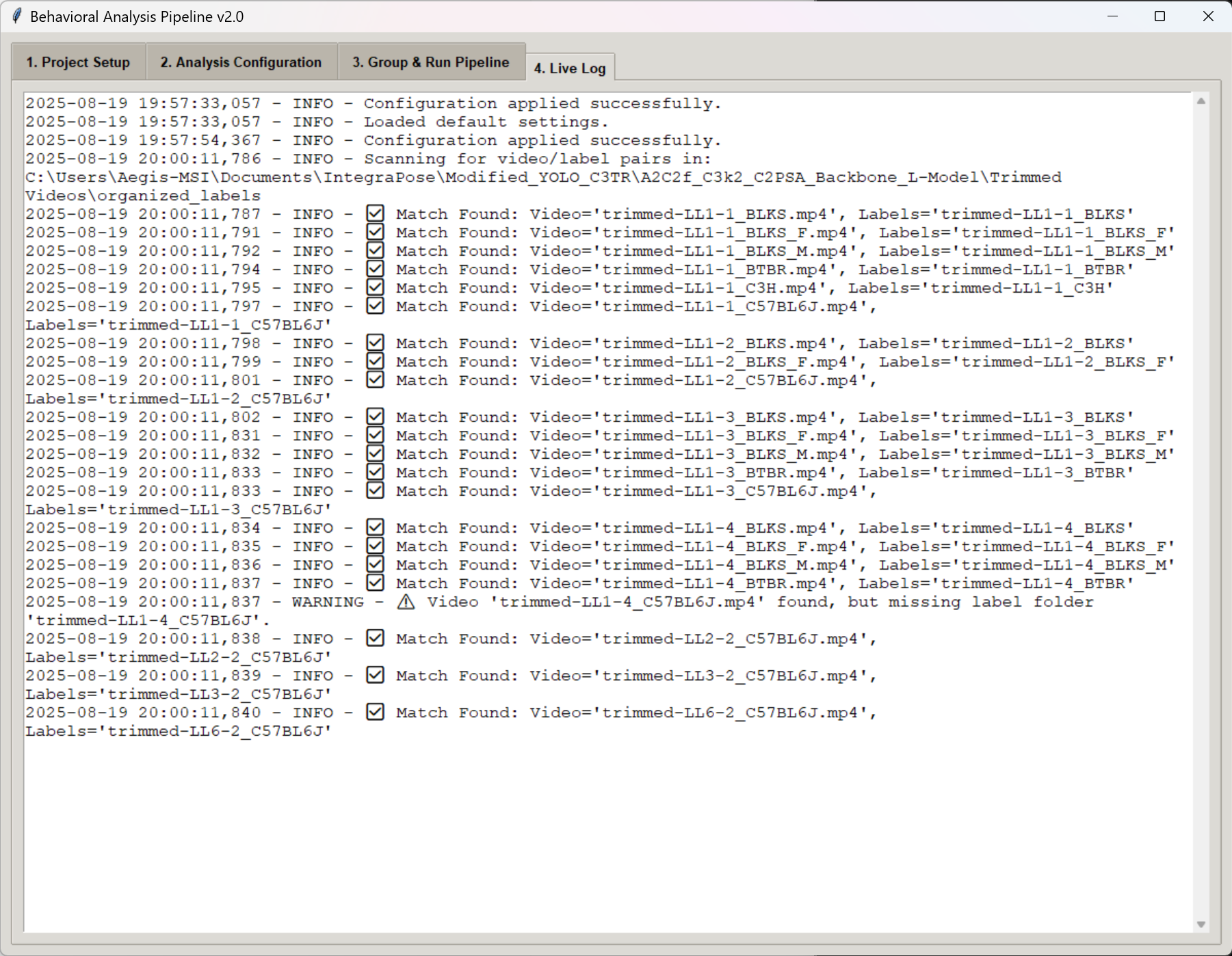 Screenshot of Tab 4 in the GUI showing the live log output during an analysis.