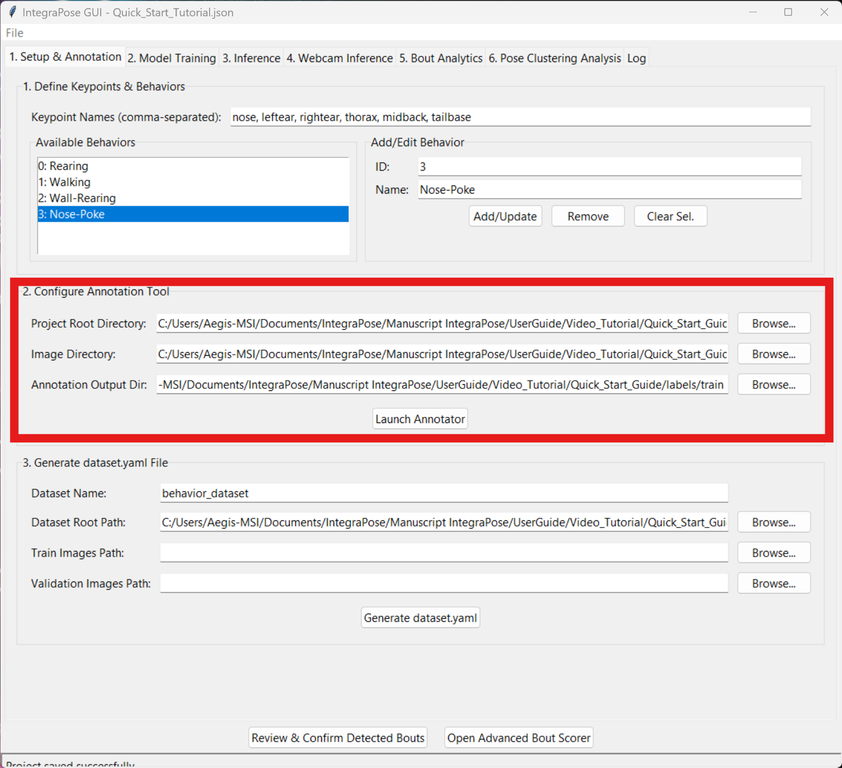GUI showing loaded project paths