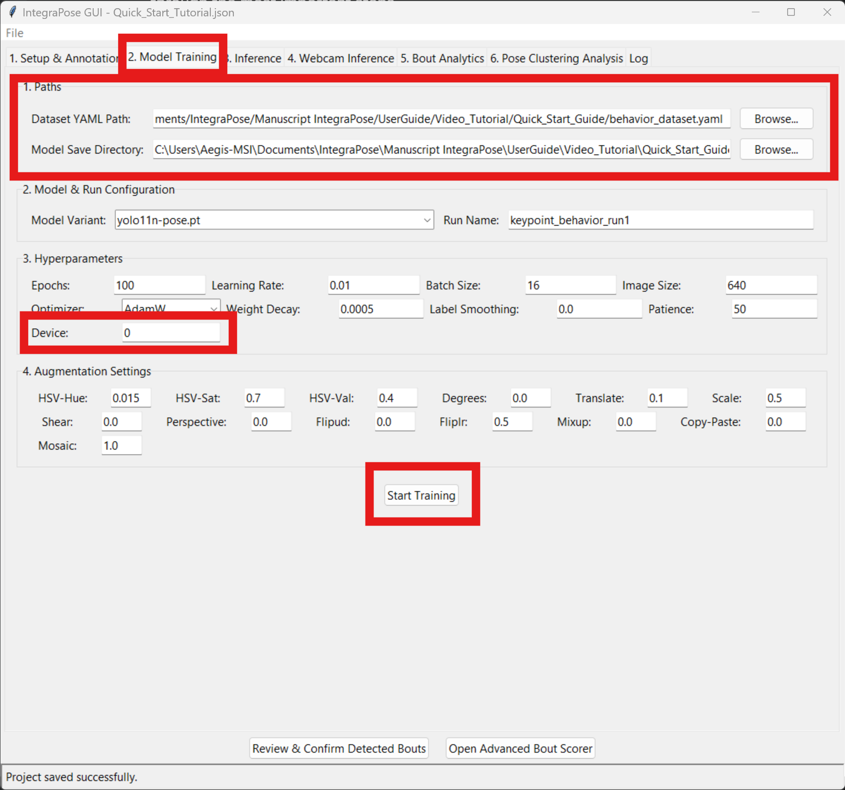 GUI showing training settings