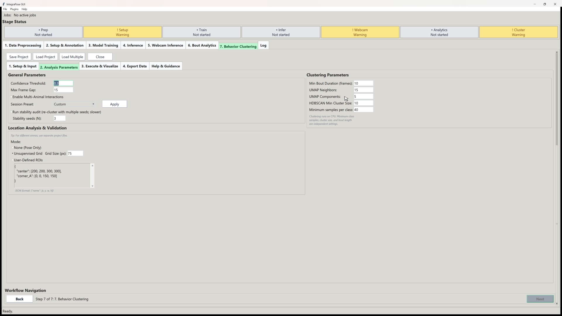 Analysis Parameters panel with confidence, frame gap, bout threshold, UMAP, and HDBSCAN controls.
