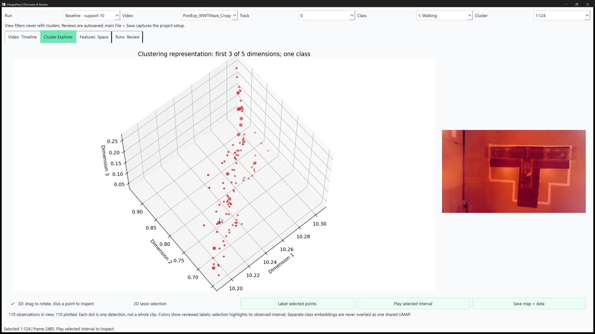 Cluster Explorer with a 3D map, selected Walking candidate, linked source-video preview, and controls for 2D lasso selection.