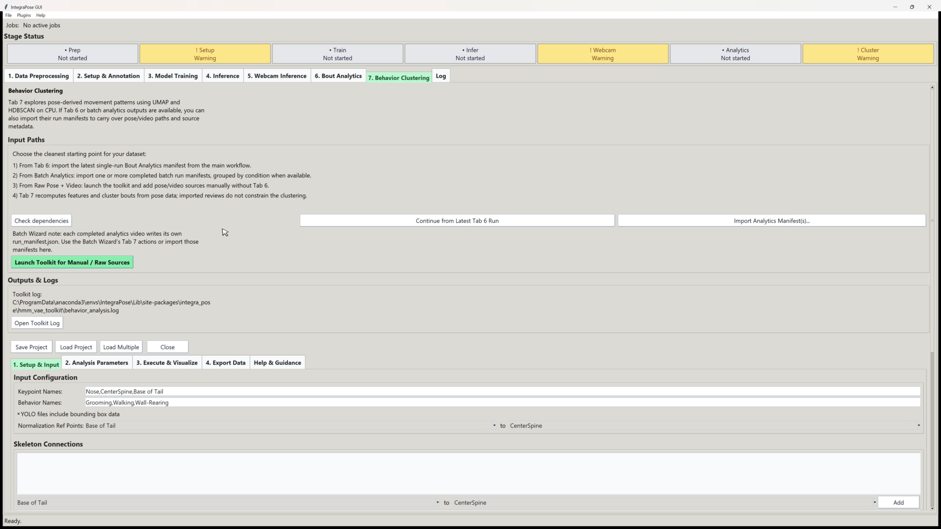 Tab 7 input paths and Setup and Input panel showing source groups, keypoint names, class names, and normalization reference points.