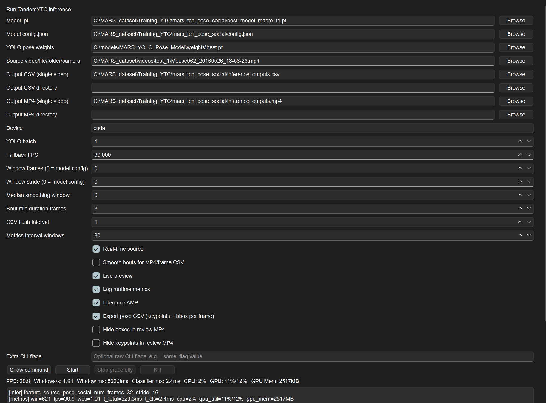 TandemYTC Inference tab with real-time source, live preview, runtime metrics, and telemetry log