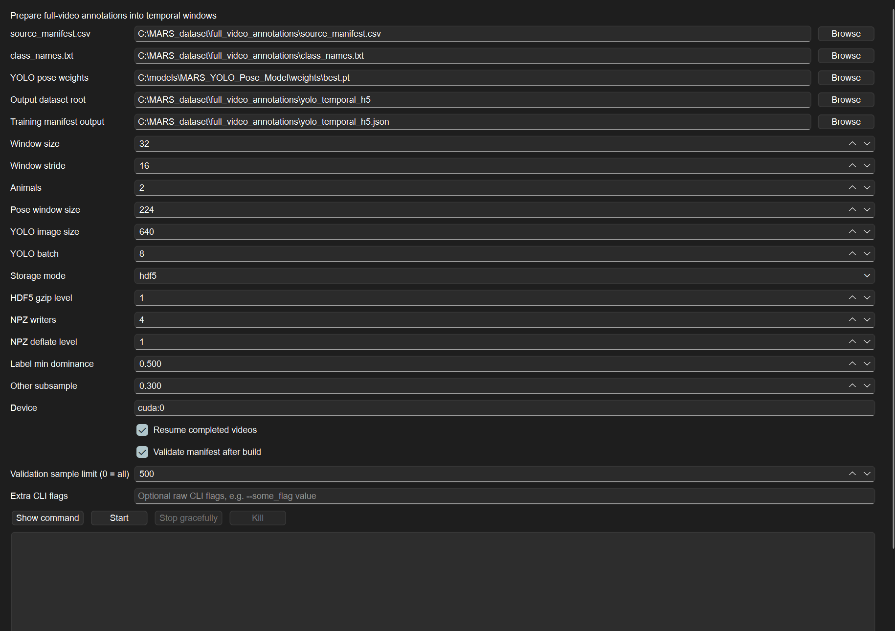 TandemYTC Prepare Full Video tab configured for HDF5 pose and social feature storage